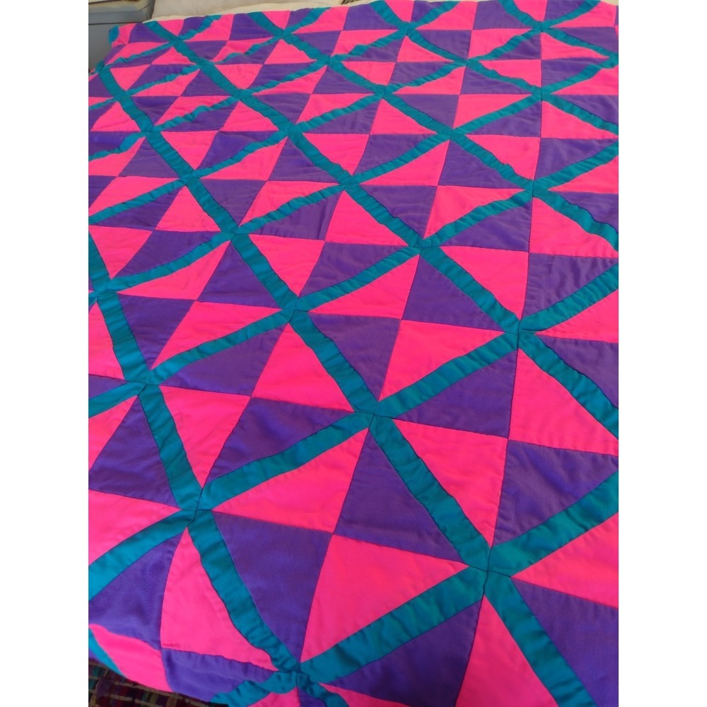 Vtg Neon 70s Cutter Quilt Blanket Handmade Solid Pink Purple Turquoise 60x60